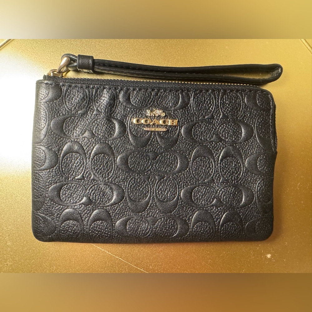 Coach Card Holder in Black Monogram with Gold Hardware